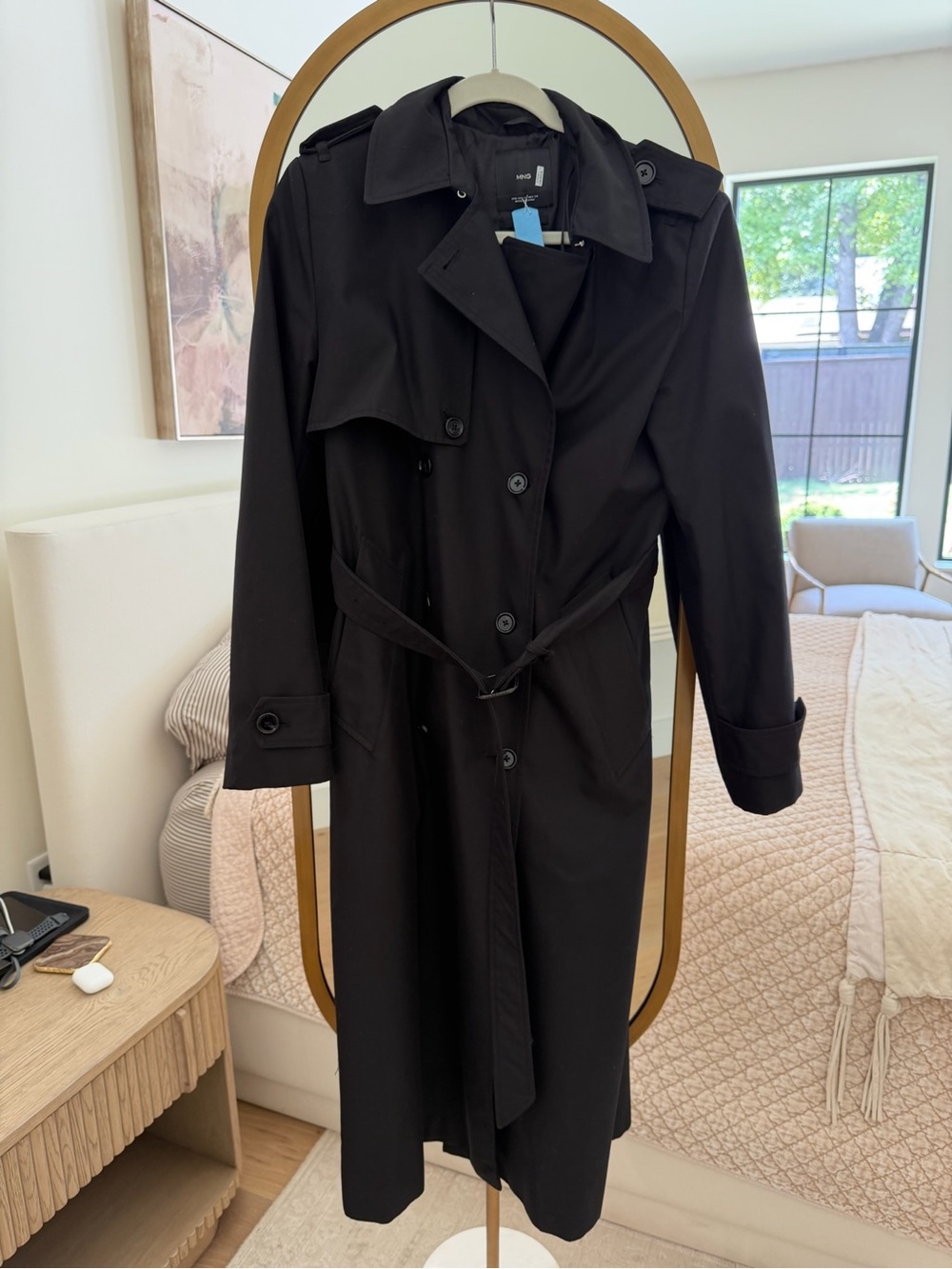 Mango Black Long Trench Coat with Belt